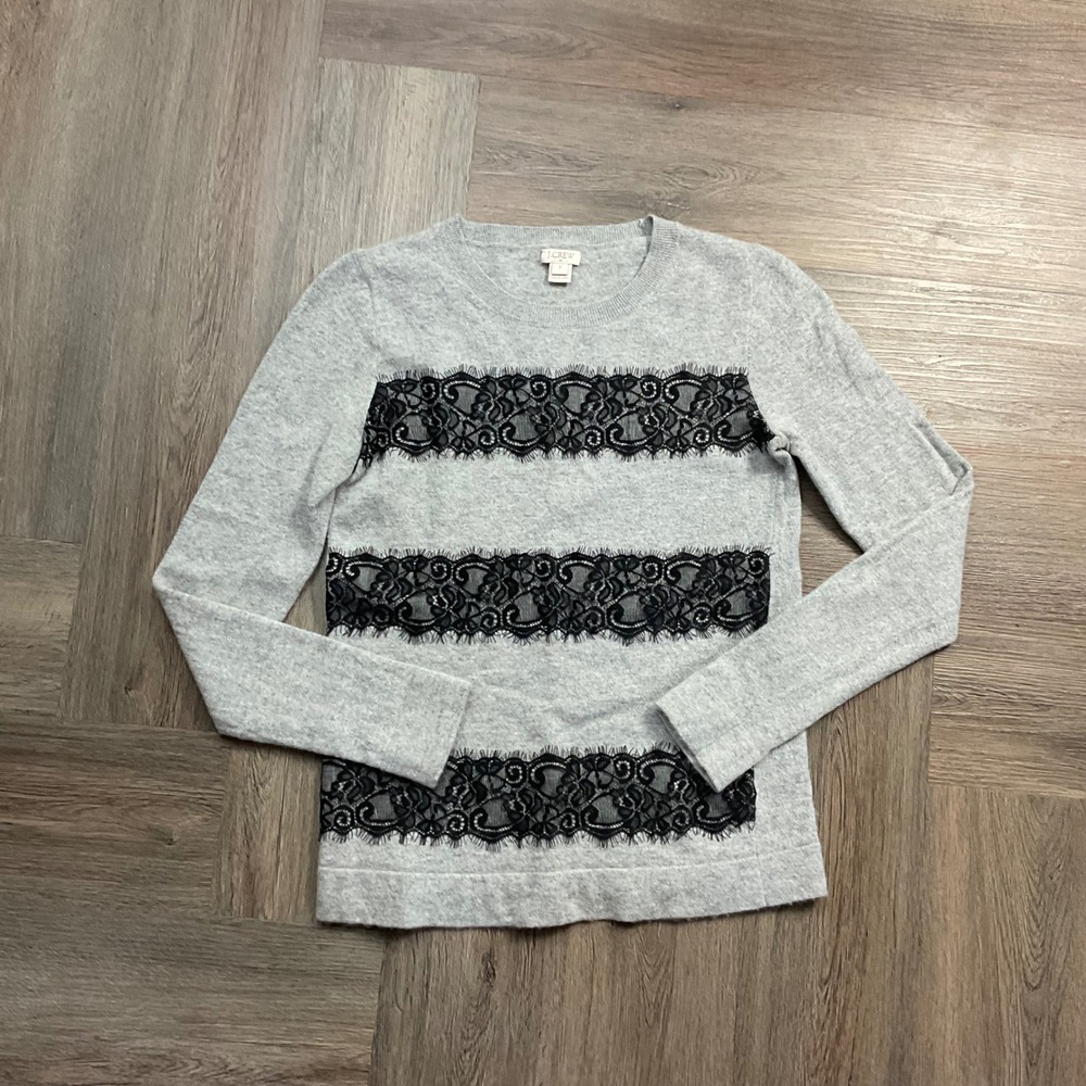J.Crew Victorian Wool Blend‎ Striped Lace Teddie Sweater Womens Small Gray Black